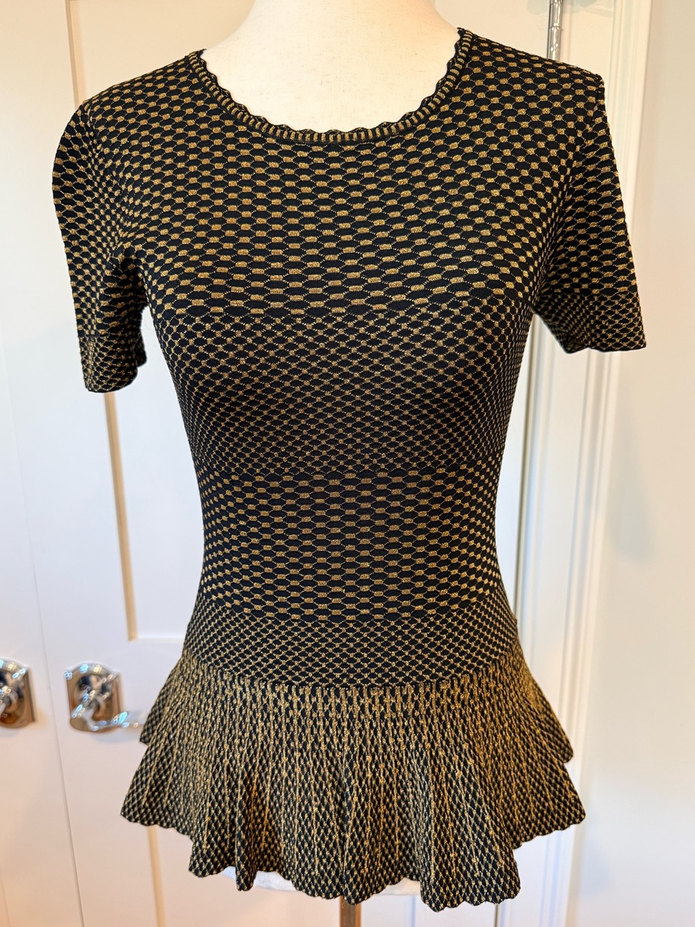 Torn by Ronny Kobo Black and Gold Knit Peplum Dress